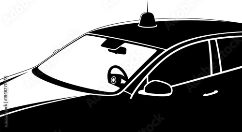 Monochrome Illustration of a Modern Car with Antenna on the Roof.