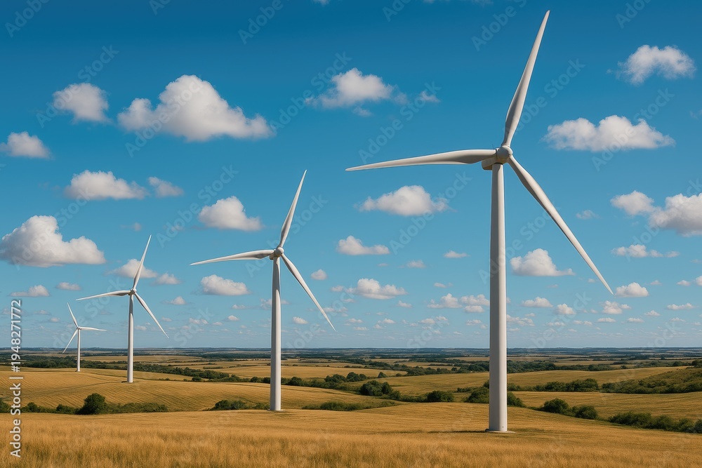 Fototapeta premium Wind turbines in golden field under blue sky with clouds renewable energy farm wind turbine.