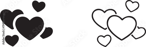 Set of 8 Heart Icons Vector: Black Solid and Outline Love Symbols for Valentine's Day, Romance, Wedding, and Healthcare Design Elements