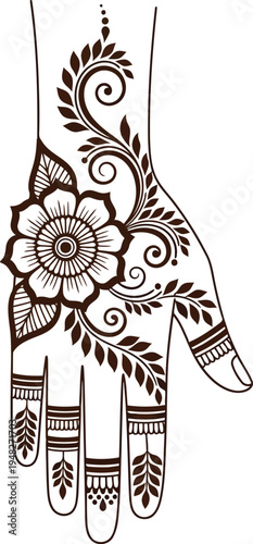 Traditional Bridal Mehndi Design with Floral and Leaf Vine Motifs