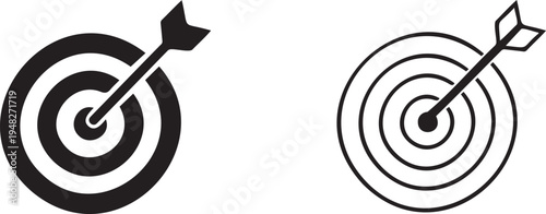 Set of 2 Target and Arrow Icons Vector in Solid Black and Outline Styles for Business Goals and Success Concepts