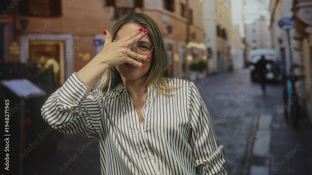 Fototapeta premium Woman hides face with hand wearing striped blouse and glasses on narrow cobblestone street in european city; playfulness.