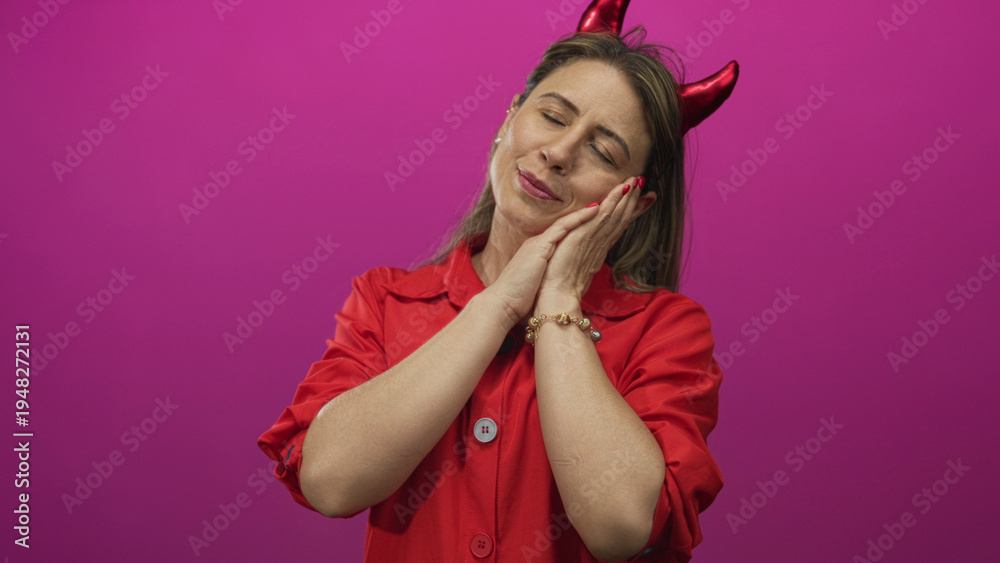 Obraz premium Blonde woman with devil horn headband pressing hands to cheek for sleep gesture in magenta studio setting; serenity.