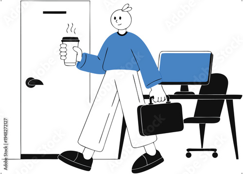 Minimalist illustration of a person leaving the office, holding coffee and a briefcase, starting the workday.
