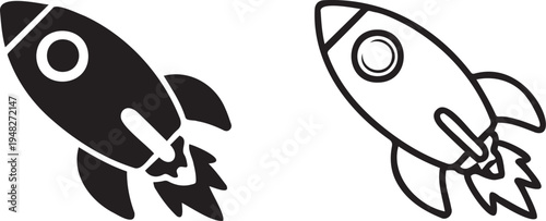Set of 2 Rocket Icons Vector: Solid Black and Outline Style Spaceship Launching with Fire for Startup, Growth, and Innovation Concepts