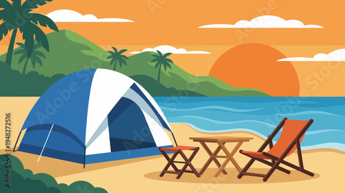A picturesque beach scene showcasing a tent and chairs with a breathtaking sunset view, capturing the essence of relaxation and connection with nature.