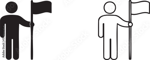 Set of 2 Man Holding Flag Icons Vector: Solid Black Silhouette and Outline Style for Goal Achievement and Leadership Concepts