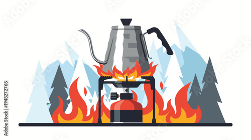 A vivid image of a metal coffee kettle placed on a stove over a campfire. The flames create a warmth that evokes adventure, outdoor experiences, and brewing delicious coffee.