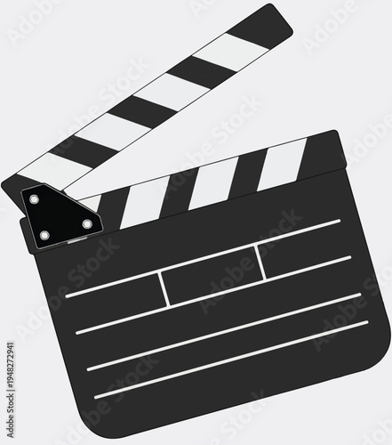 Black and white film clapperboard with open sticks on a light gray background Keywords: clapperboard, film, movie, cinema