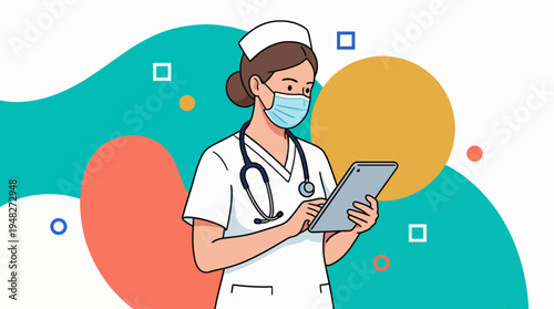 A dedicated nurse in scrubs, wearing a face mask, engrossed in using a tablet, surrounded by bright shapes that symbolize a contemporary medical environment.