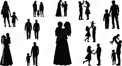 Happy family silhouettes collection, parents and children figures together, mother father and kids characters, black vector illustration isolated on white