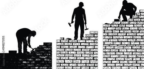 Black silhouette vector of construction workers building a brick wall in stages representing progress growth development hard work