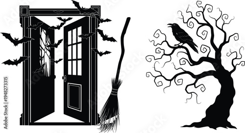 Black silhouette vector illustration of a haunted open door with flying bats a witch broom and a spooky crow on a gnarled dead tree.