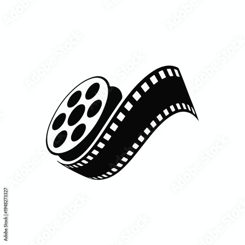 Black film reel with a curved film strip on a white background Keywords: film reel, movie film, cinema film, film strip, movie