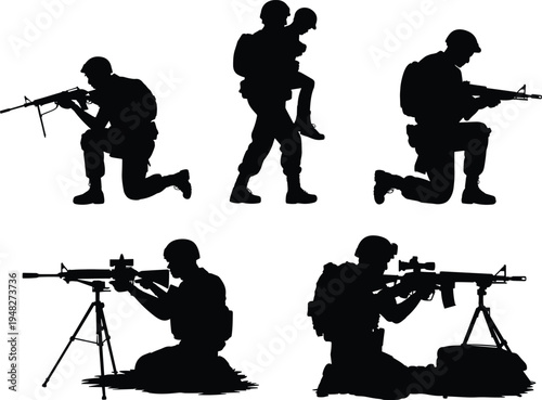 Silhouettes of armed soldiers in combat and rescue positions with rifles, machine guns, and child evacuation, representing military action, defense, and humanitarian missions