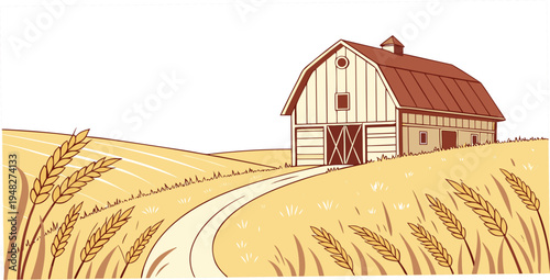 a red and white barn on a hill with a dirt road Vector