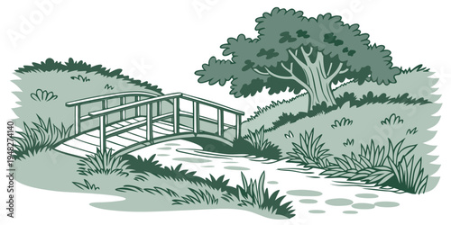 a small wooden bridge over a stream in a rural landscape Vector