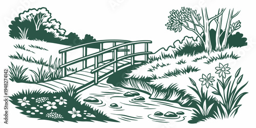 a green illustration of a garden with a bridge Vector