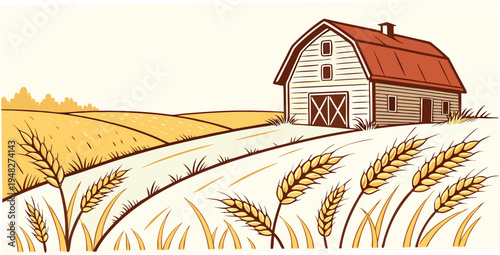 a white house with a red roof sits in a wheat field Vector