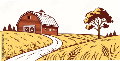 a red barn on a winding road in a rural landscape Vector