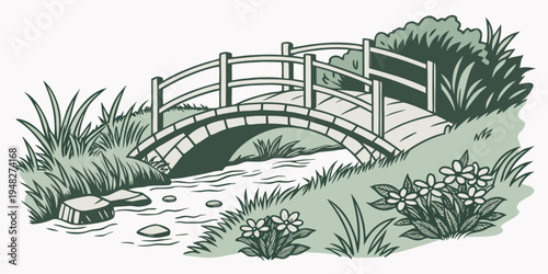 a small wooden bridge over a stream in a garden Vector