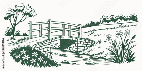 a small wooden bridge over a ditch in a rural landscape Vector