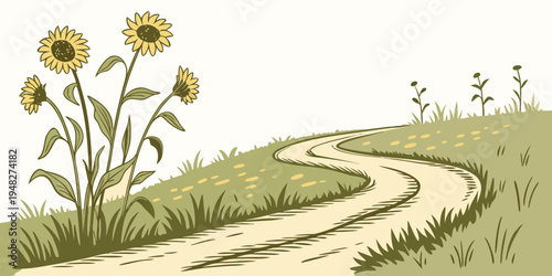 a winding dirt path beside a group of sunflowers Vector