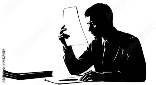 Silhouette of a businessman analyzing documents at his desk.