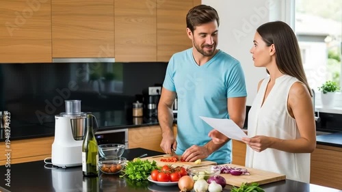 A couple preparing a healthy meal together in a modern kitchen with guidance