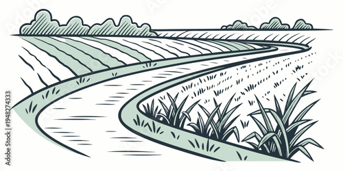 a green field with rows of crops and a winding path Vector