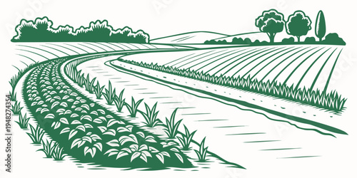 a green illustration of a farm with rows of crops Vector