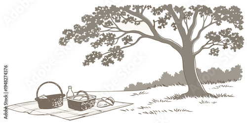 a tree with a basket and picnic items on the ground Vector