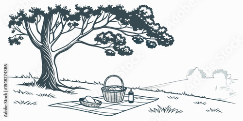 a picnic basket under a tree in a field Vector