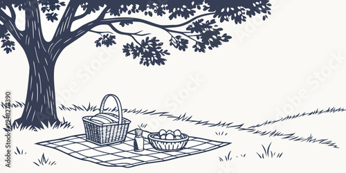 a picnic under a large tree in a park Vector