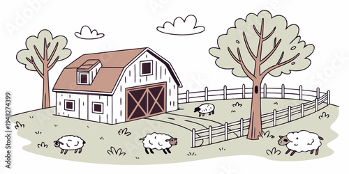 a farm with a barn and sheep grazing in the field Vector