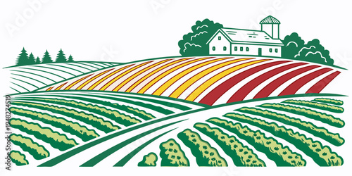 a farm field with a house in the background Vector