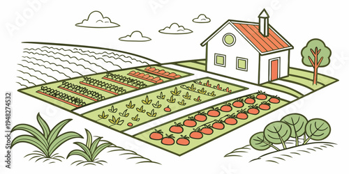 a white house with a red roof surrounded by vegetable gardens Vector