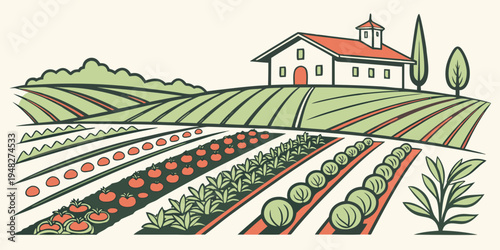 a farm with a house and rows of crops and flowers Vector