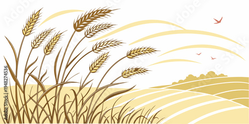 a bunch of wheat with a bird flying overhead Vector