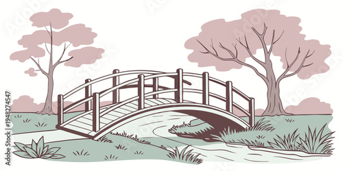 a small wooden bridge over a stream in a park Vector