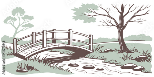 a small wooden bridge over a stream in a park Vector