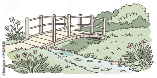 a small wooden bridge over a stream in a garden Vector