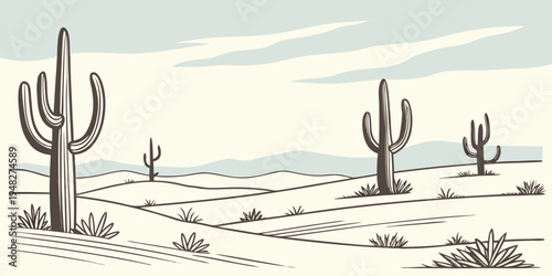 a desert landscape with several cacti standing tall Vector