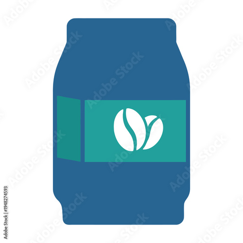 Blue coffee sleeve with green label and white coffee bean logo on white background