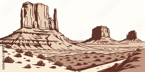 a desert landscape with a large rock formation Vector