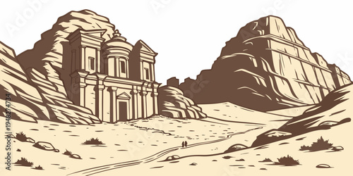 ancient temple in the desert with rocky mountains Vector