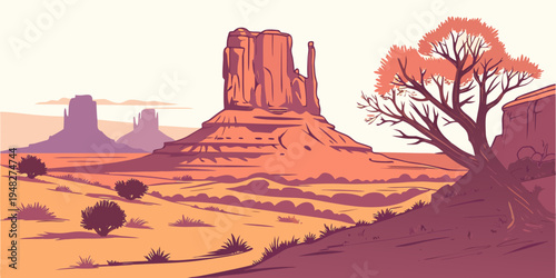 a desert landscape with a rock formation and a tree Vector