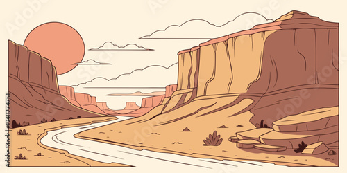 a desert landscape with a river and cliffs Vector