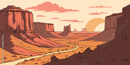 a desert landscape with a road and rock formations Vector