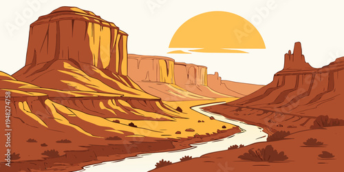 a desert landscape with a river and rock formations Vector